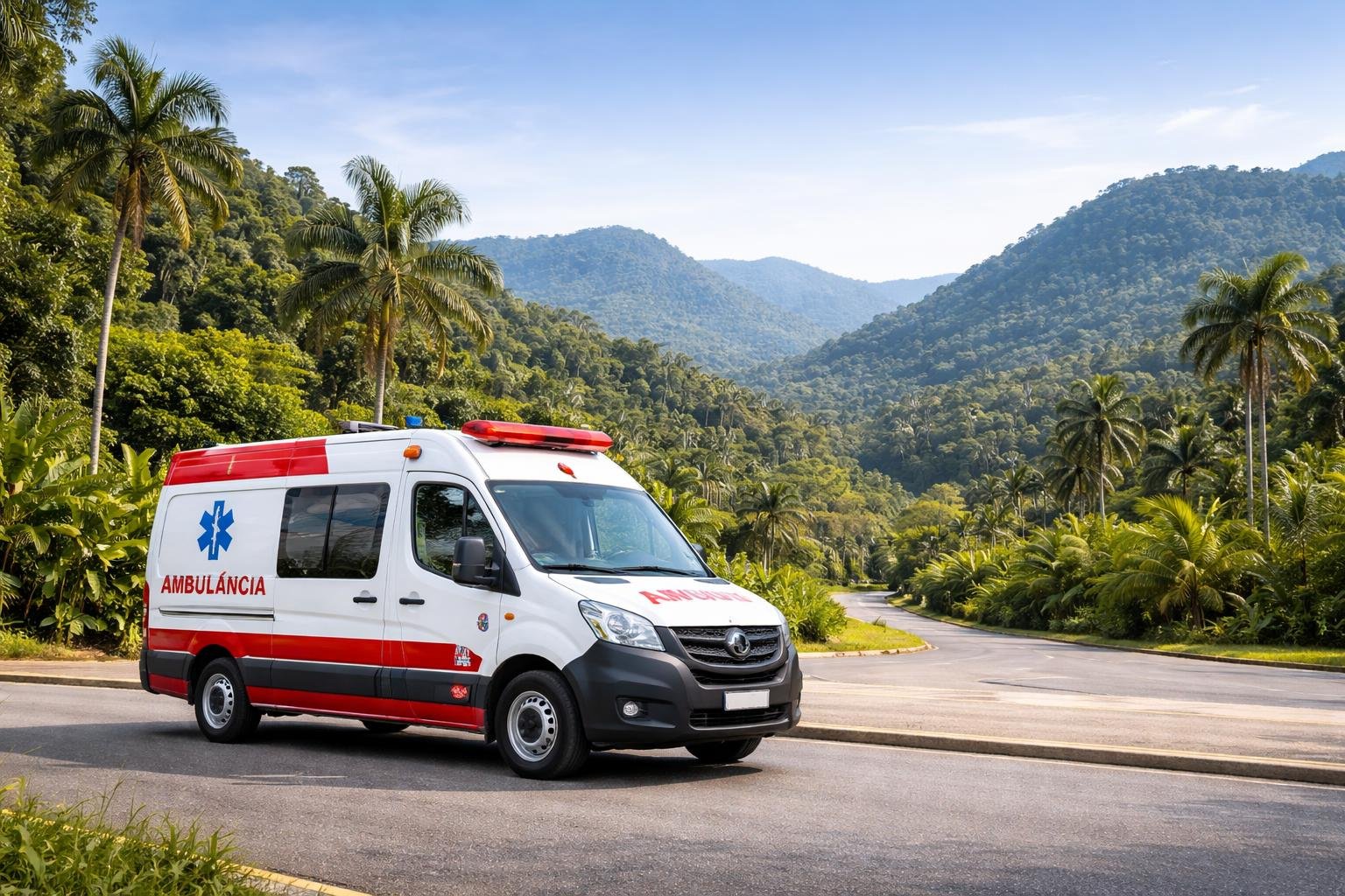 Ambulância branca com marcações de emergência estacionada em uma estrada com vegetação tropical e colinas ao fundo em Rio Negro.