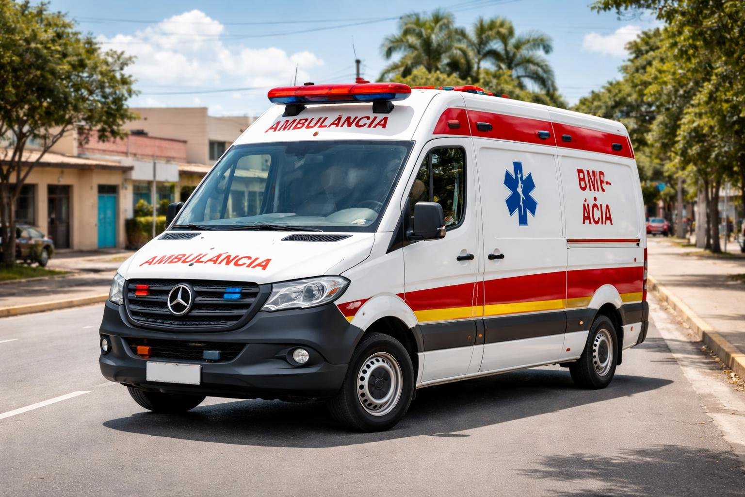 Uma ambulância municipal branca com marcas vermelhas e azuis estacionada em uma rua limpa em Rio Negro, com prédios modestos e árvores ao fundo sob céu claro.