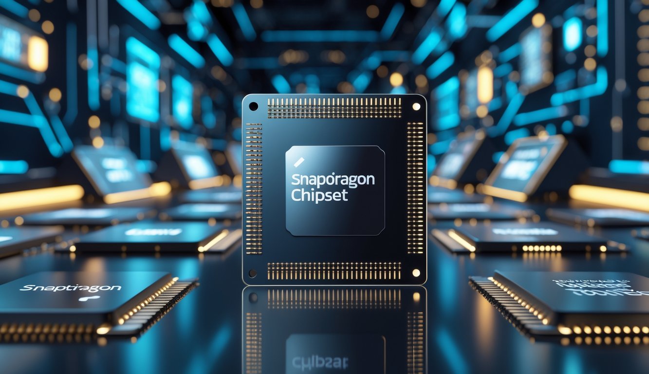 Close-up chip smartphone modern dengan latar belakang teknologi futuristik dan efek cahaya.