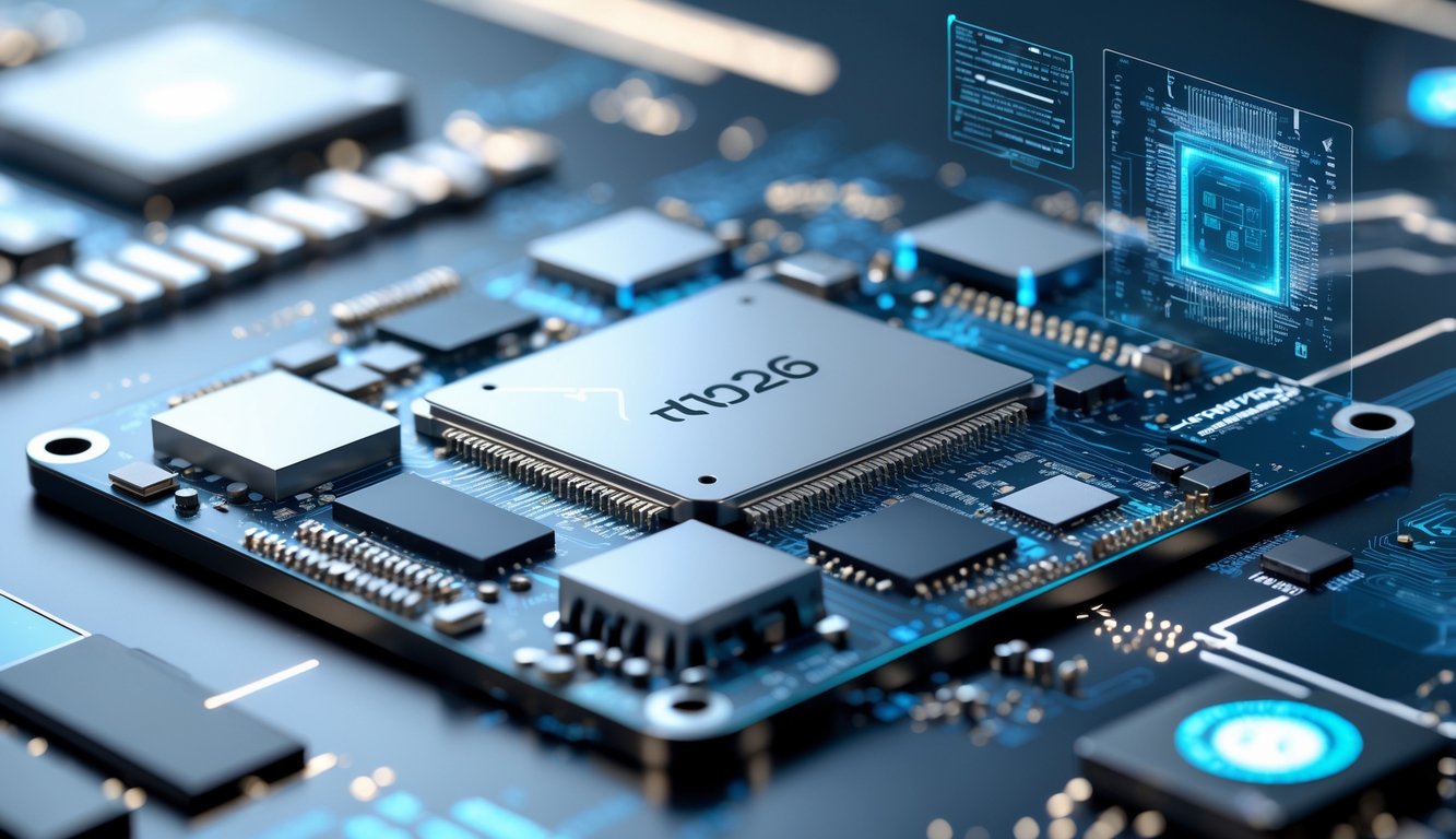 Foto close-up papan sirkuit smartphone dengan chip dan prosesor terbaru yang terlihat jelas, dikelilingi elemen digital futuristik.