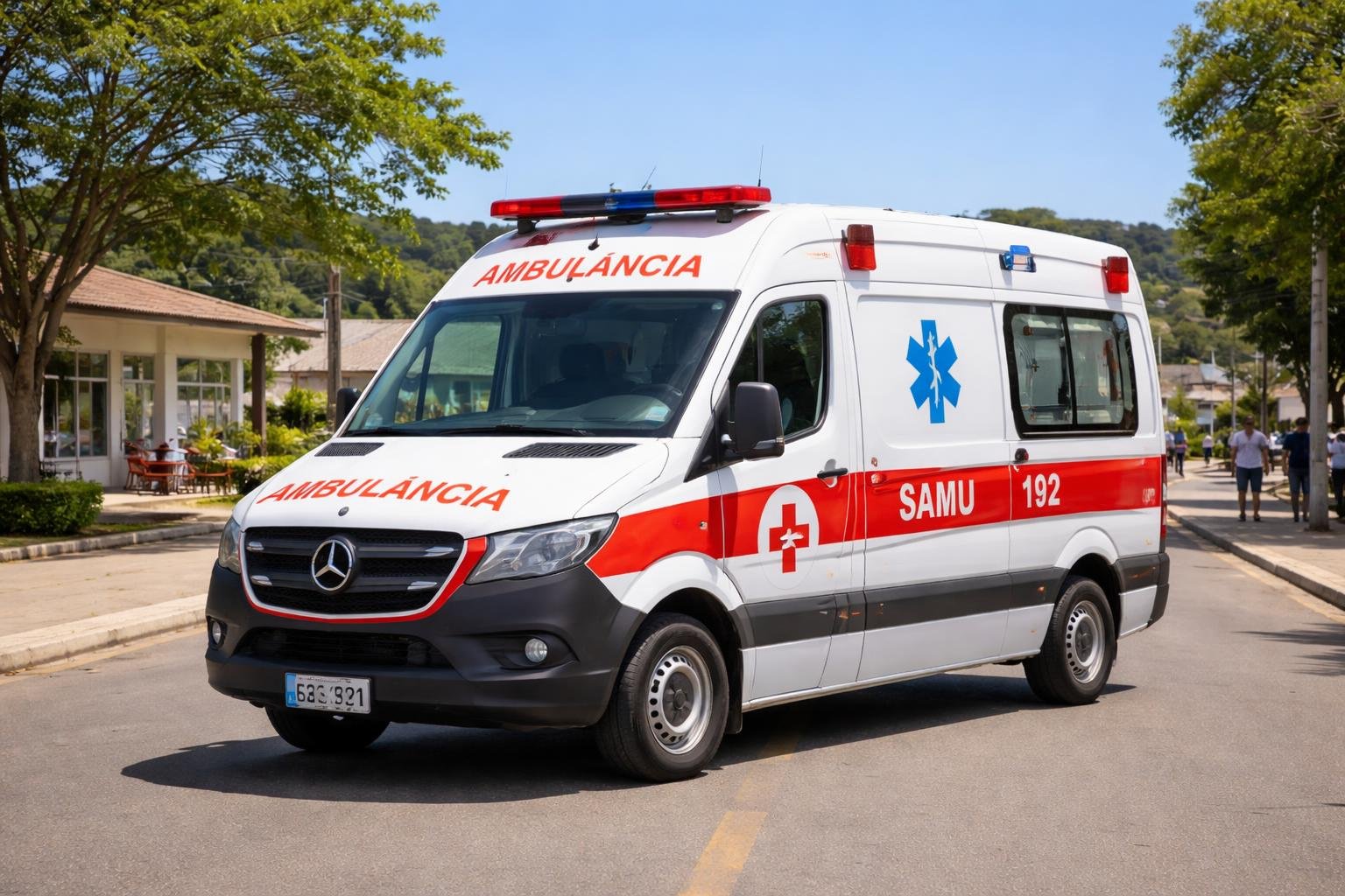 Ambulância branca com marcas vermelhas e azuis estacionada em uma rua tranquila de Antônio Olinto durante o dia, com prédios e árvores ao fundo.