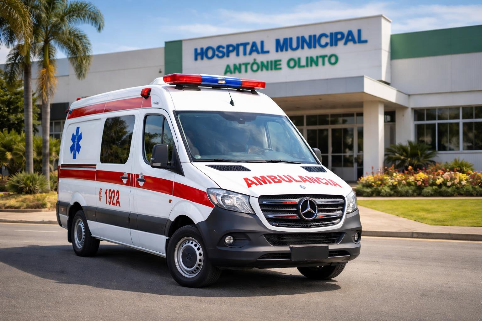 Ambulância nova estacionada em frente a um hospital moderno em Antônio Olinto durante o dia.