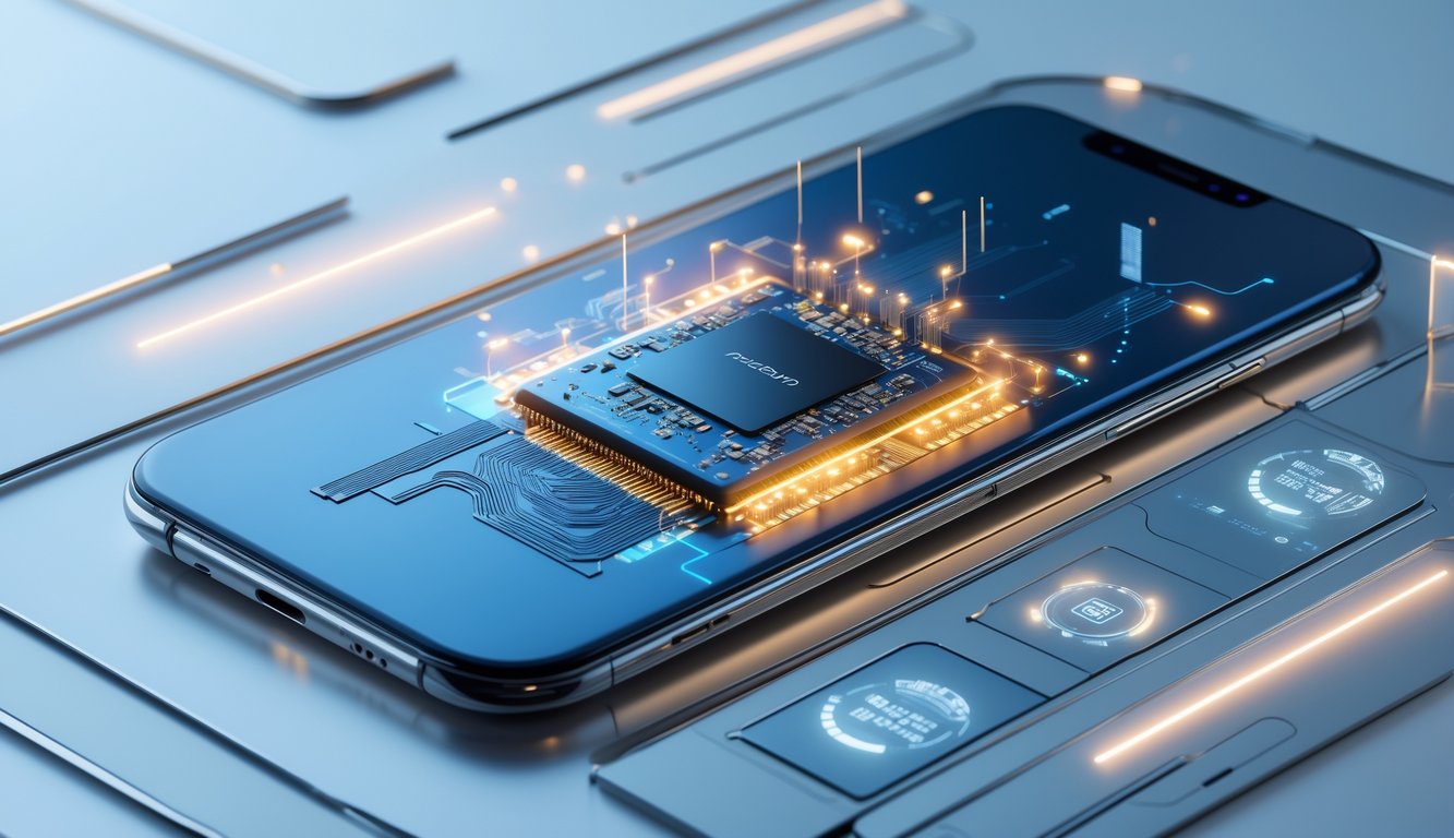 Ponsel modern dengan chip prosesor yang terlihat melalui casing transparan, dikelilingi oleh elemen grafis yang menunjukkan kecepatan dan teknologi canggih.