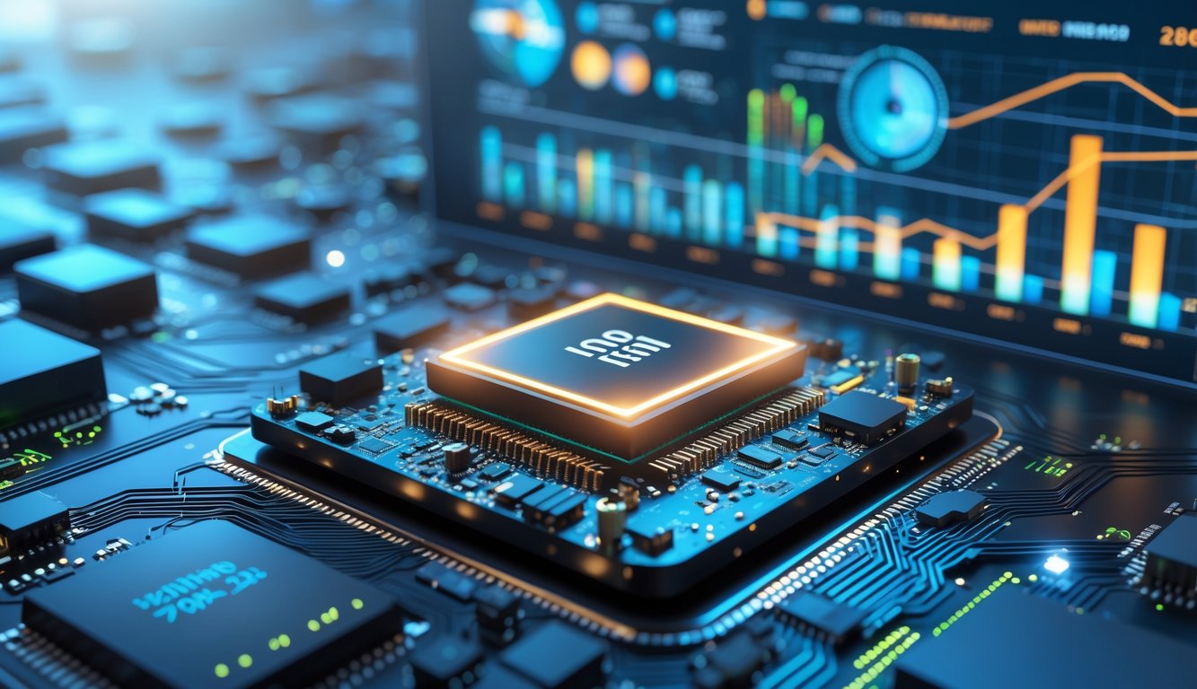 Foto close-up papan sirkuit smartphone dengan chip prosesor futuristik yang menyala dan tampilan holografik data kinerja di latar belakang.