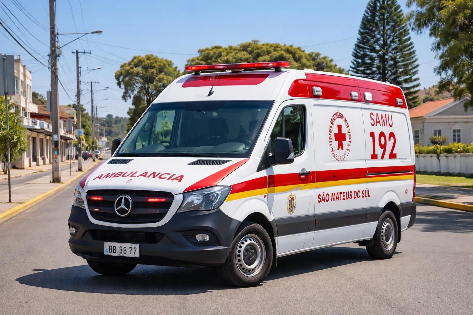 Ambulância em São Mateus do Sul: Serviços de Emergência e Transporte Médico na Região Ambulância estacionada em uma rua de São Mateus do Sul com prédios e árvores ao fundo em um dia claro.