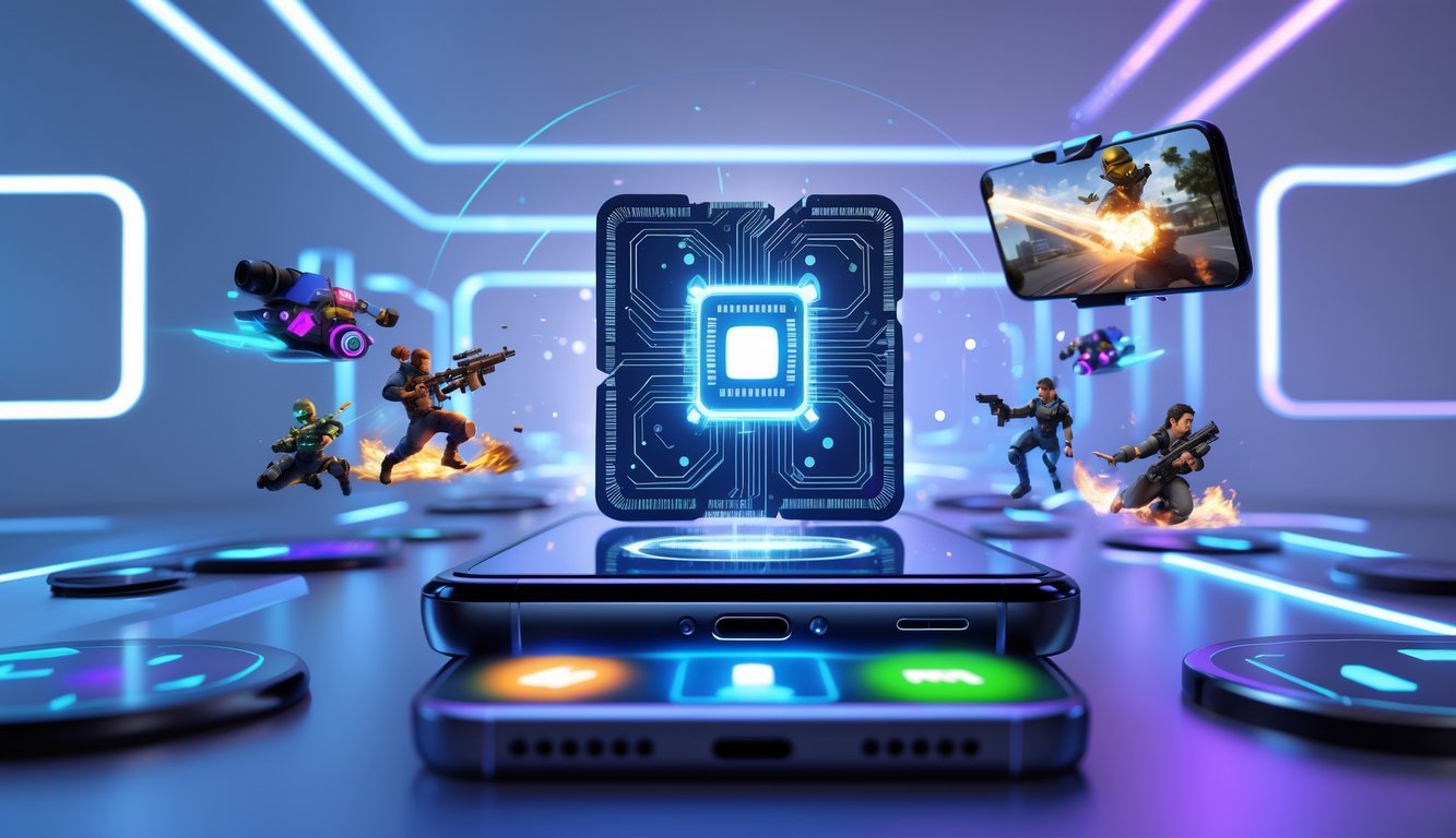 Sebuah ponsel modern dengan gambar prosesor futuristik di atasnya, dikelilingi oleh elemen game dan ikon aplikasi multitasking yang melayang.