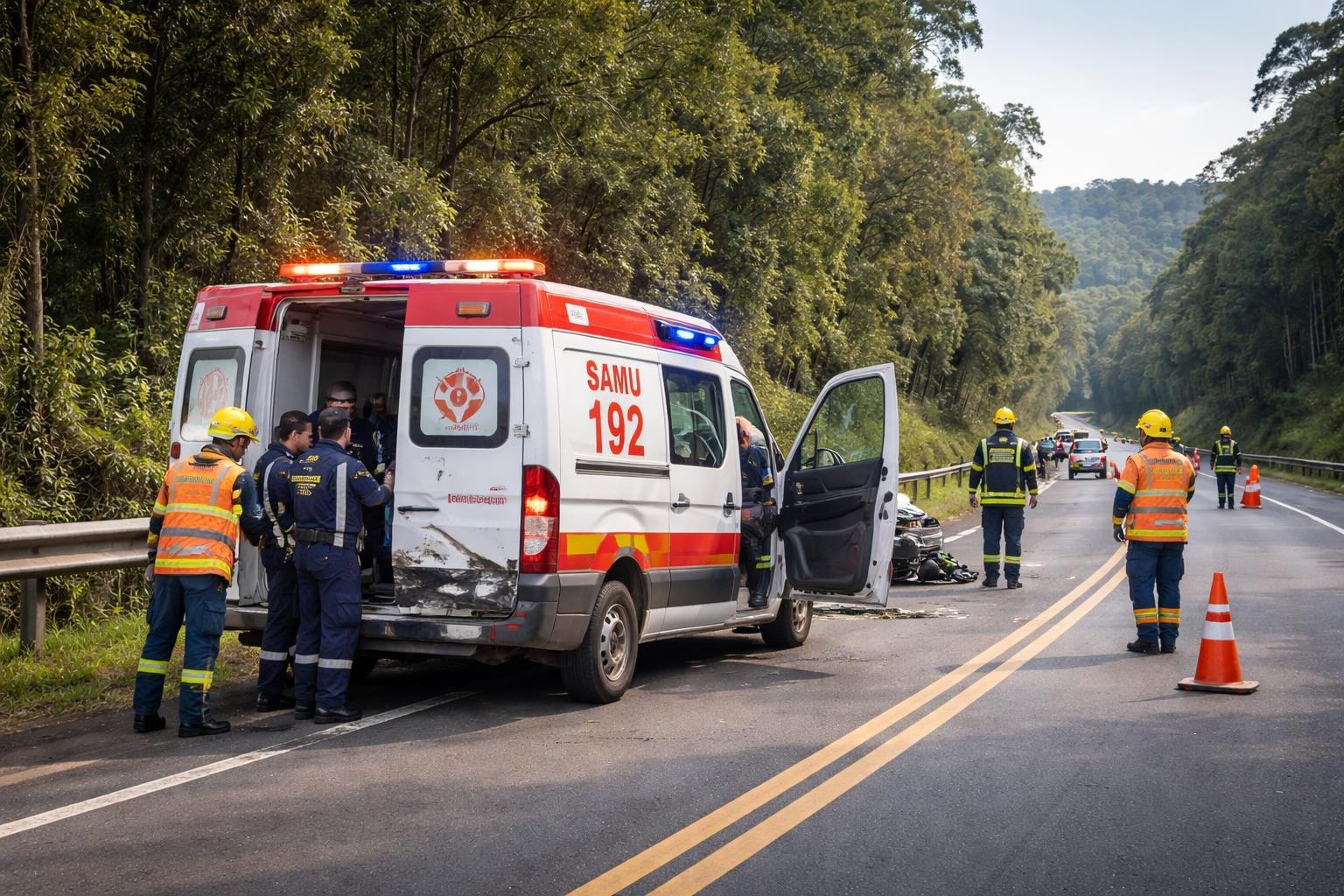 Ambulância em São Mateus do Sul: Serviços de Emergência e Transporte Médico na Região Ambulância do SAMU parada na BR-476 com socorristas atendendo após acidente, em área com vegetação ao redor.