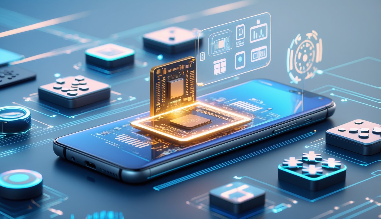 Gambar smartphone futuristik dengan chip processor canggih dan ikon holografik yang mewakili gaming dan multitasking.