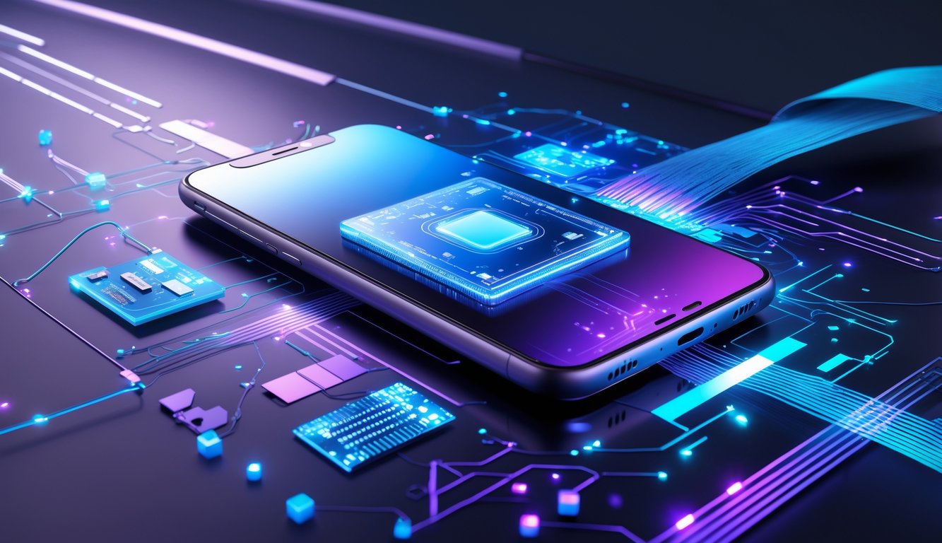 Sebuah smartphone futuristik dengan chip prosesor transparan yang menyala, dikelilingi oleh elemen digital yang melambangkan kecepatan dan kecerdasan buatan.