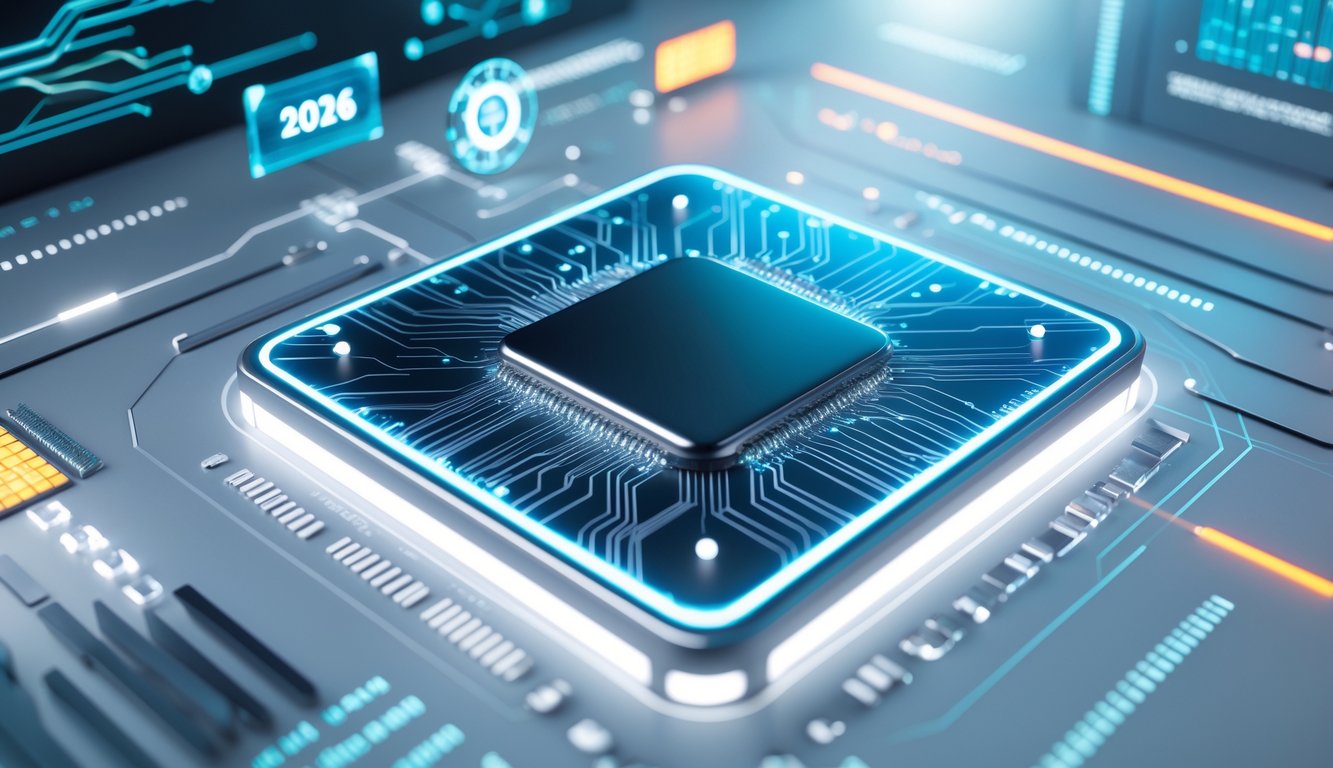 Gambar close-up sebuah chip prosesor smartphone futuristik dengan pola sirkuit dan elemen digital yang melambangkan teknologi canggih dan kecerdasan buatan.