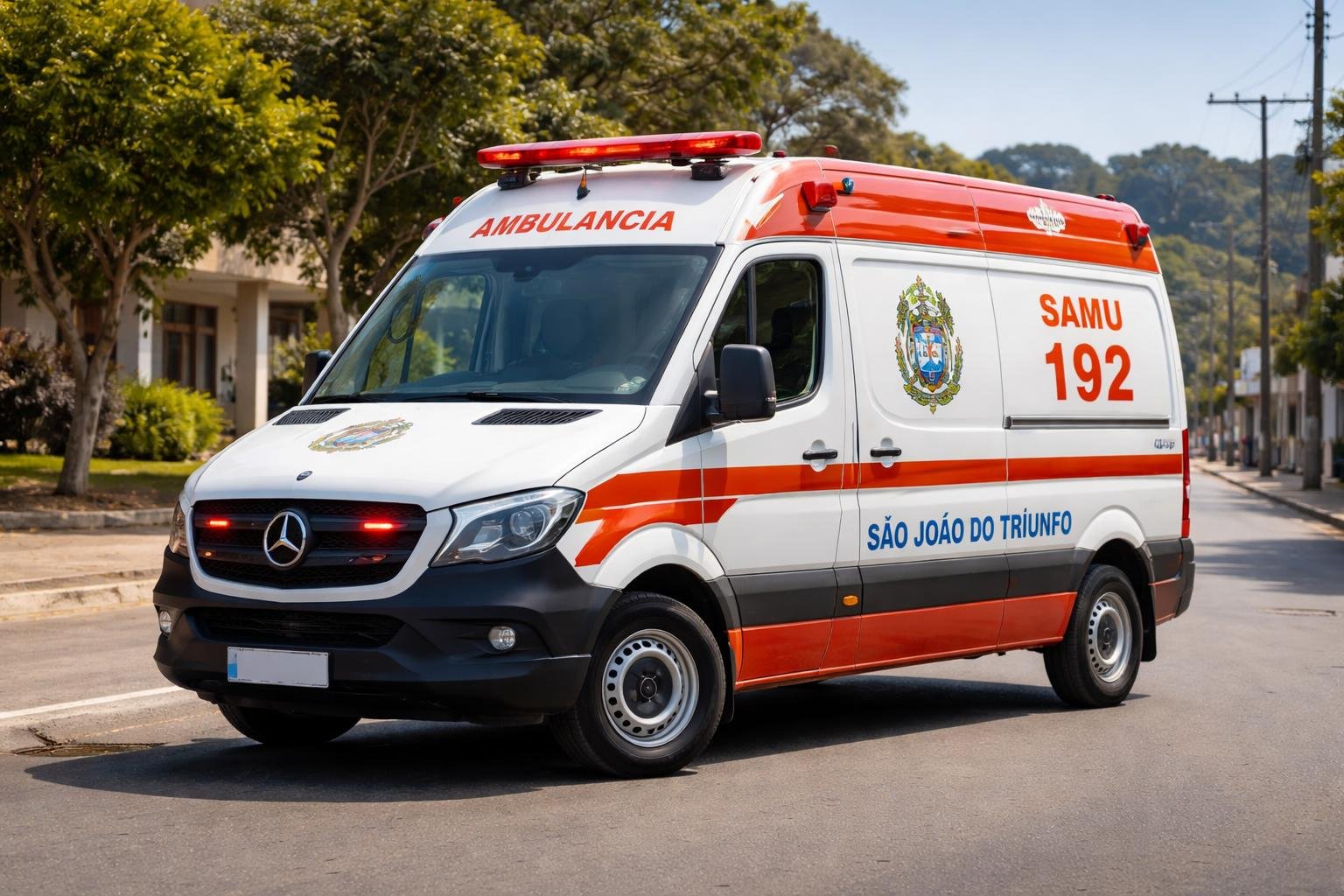 Ambulância em São João do Triunfo: Serviços de Emergência Médica e Transporte na Região Uma ambulância moderna estacionada em uma rua limpa em São João do Triunfo, com edifícios e árvores ao fundo.