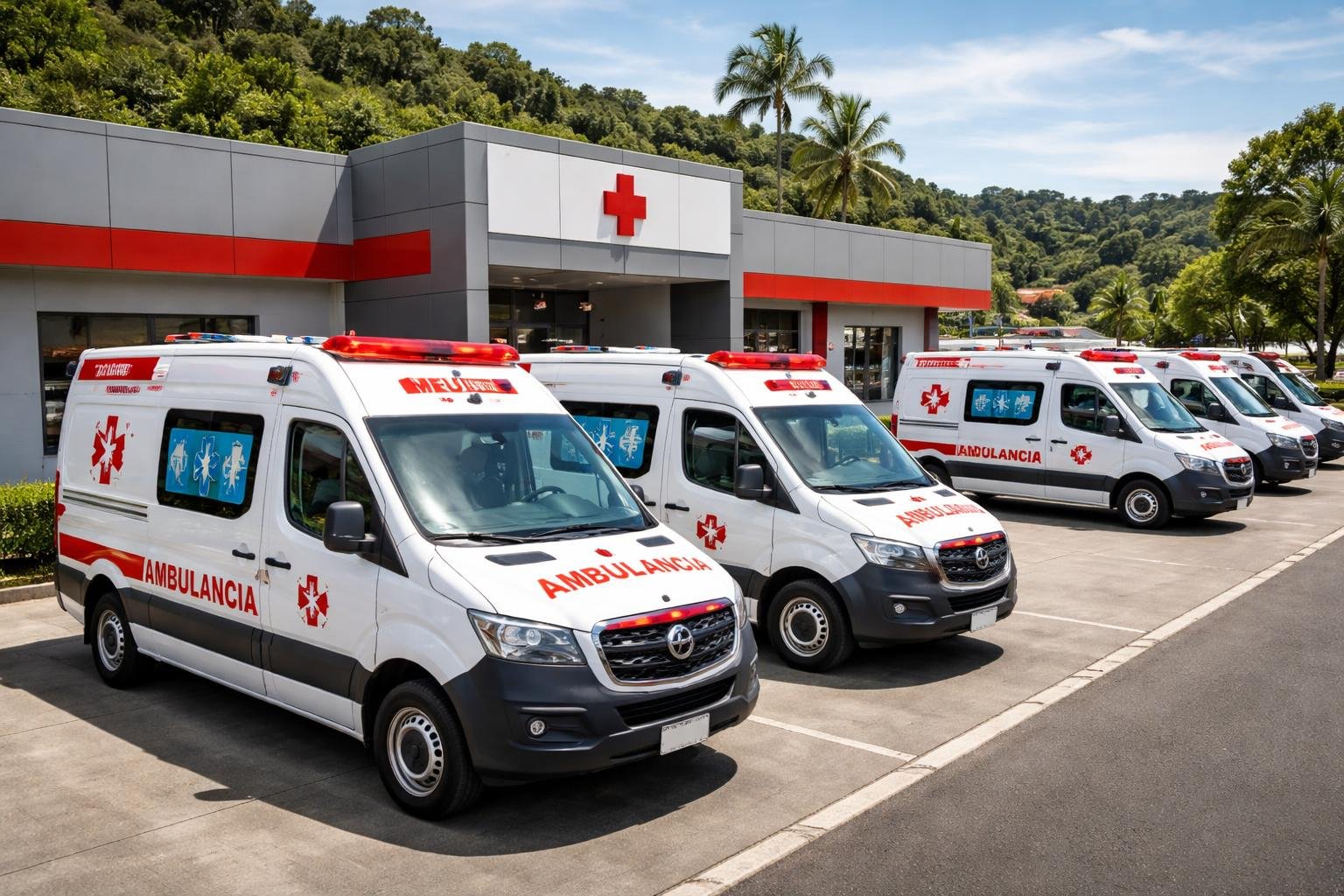 Ambulância em São João do Triunfo: Serviços de Emergência Médica e Transporte na Região Frota moderna de ambulâncias estacionadas em frente a uma estrutura de atendimento em São João do Triunfo.