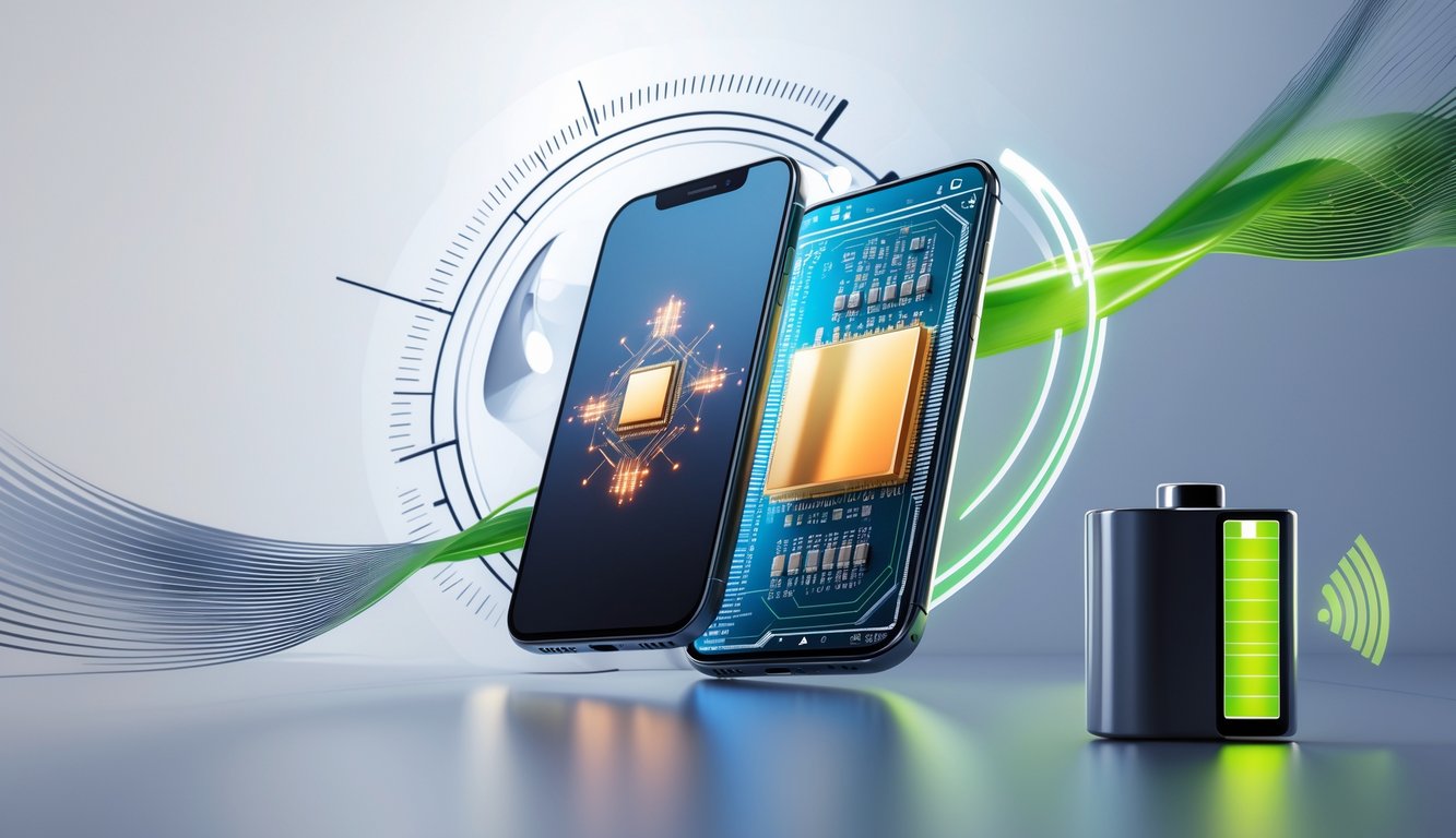 Sebuah smartphone modern dengan gambar chip prosesor futuristik di dalamnya dan ikon baterai yang menunjukkan efisiensi energi.