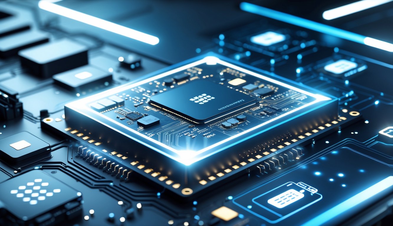Close-up prosesor smartphone futuristik dengan latar teknologi modern yang menunjukkan perkembangan dan efisiensi baterai.