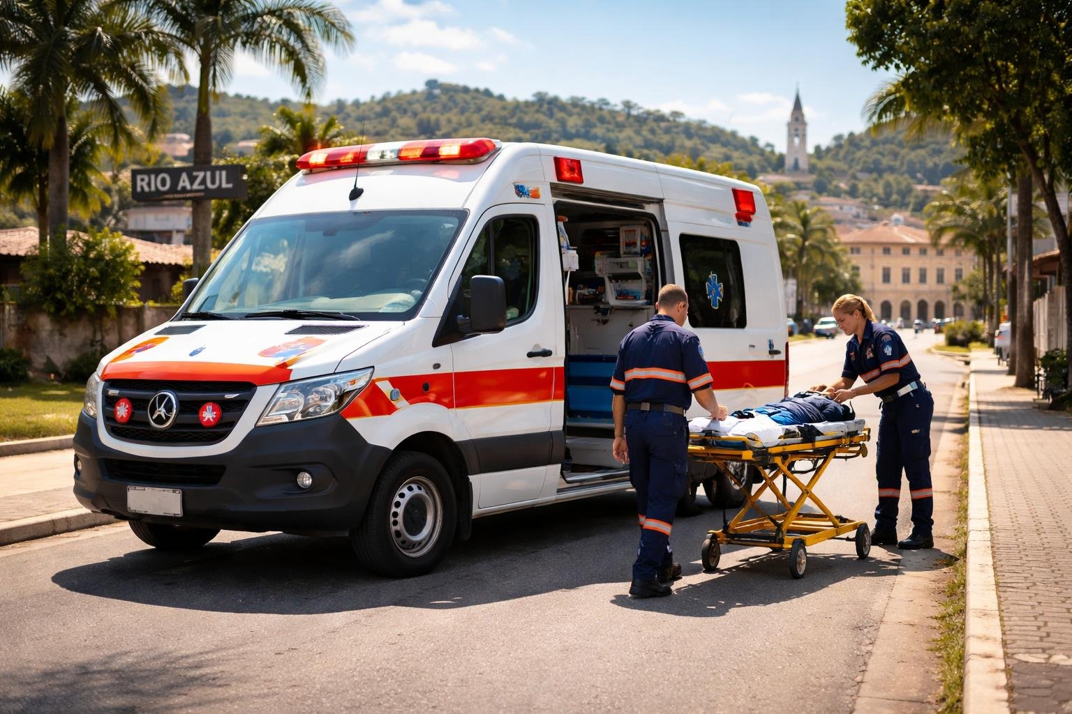 Ambulância estacionada em rua de Rio Azul com paramédicos próximos, em um ambiente urbano com céu claro e vegetação.