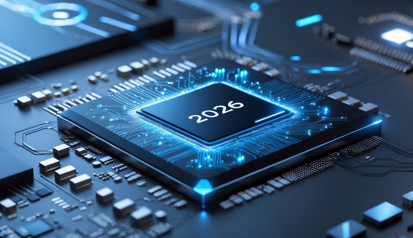 Close-up sebuah chipset smartphone terbaru dengan latar belakang gelap dan elemen teknologi futuristik di sekitarnya.