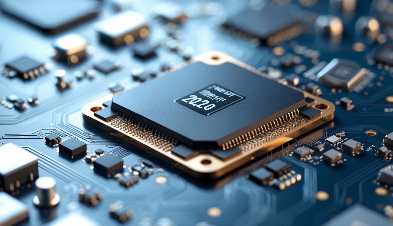 Foto close-up chipset terbaru smartphone dengan detail sirkuit dan mikrochip di papan sirkuit.