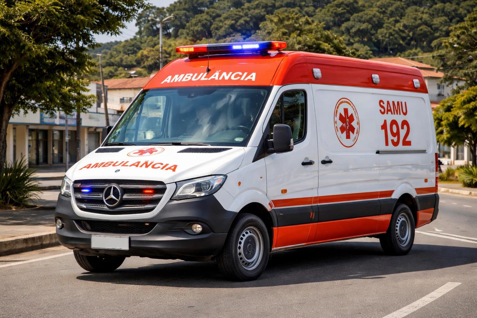 Ambulância estacionada em uma rua de Rebouças com prédios e árvores ao fundo.