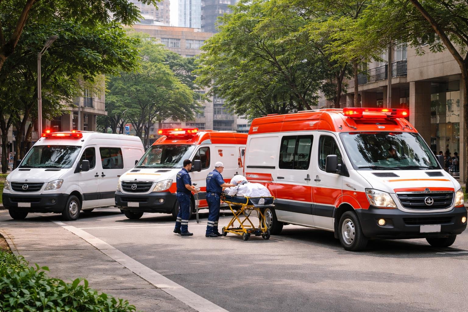 Vários tipos de ambulâncias estacionadas em uma rua urbana com paramédicos ao redor, em Rebouças.