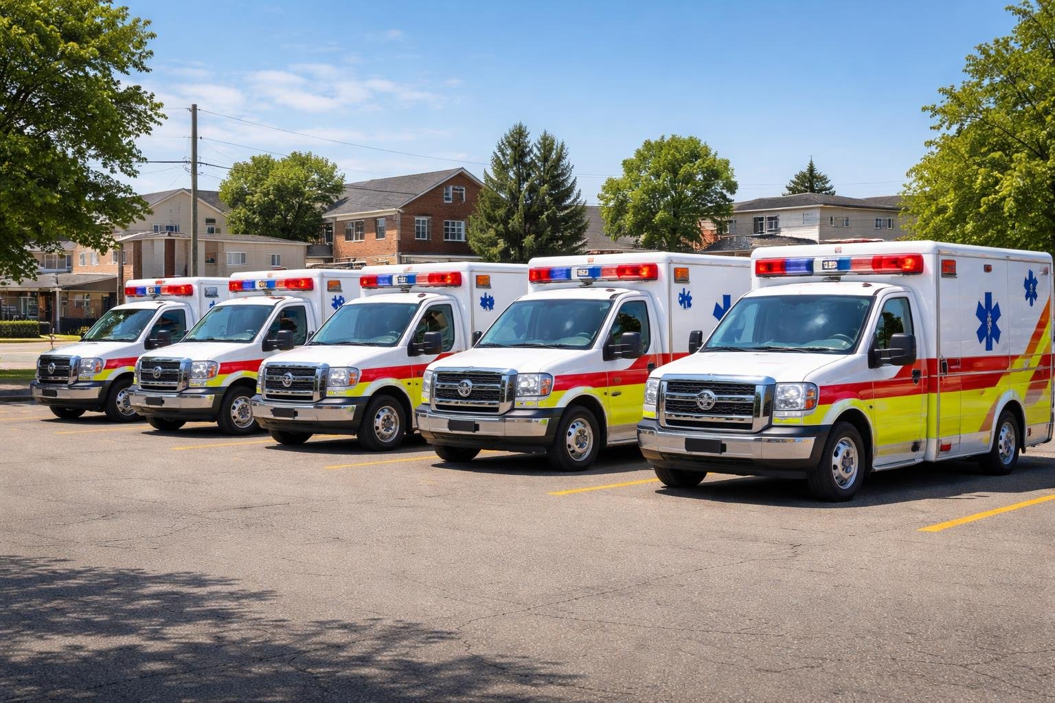 Vista panorâmica de várias ambulâncias estacionadas em fila na cidade de Mallet durante o dia.