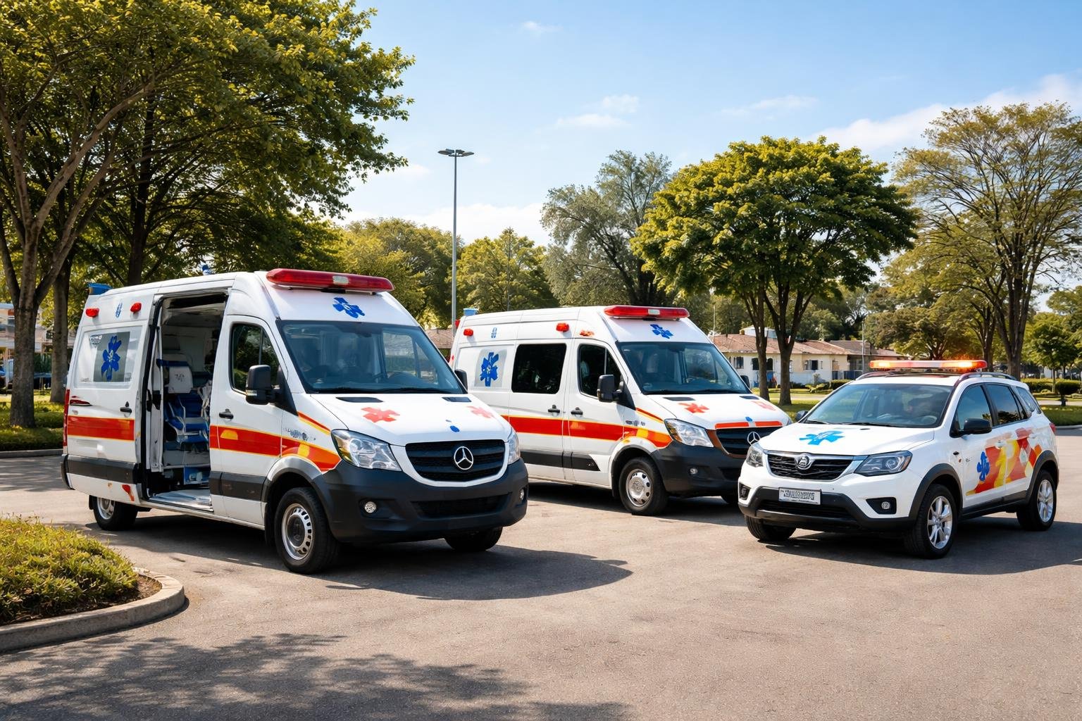Vários tipos de ambulâncias estacionadas ao ar livre em Mallet, com árvores e céu claro ao fundo.