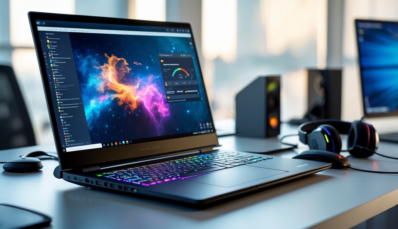 Sebuah laptop modern di atas meja kerja yang rapi dengan aksesori seperti mouse dan keyboard, menampilkan layar yang terbagi antara game dan aplikasi produktivitas.