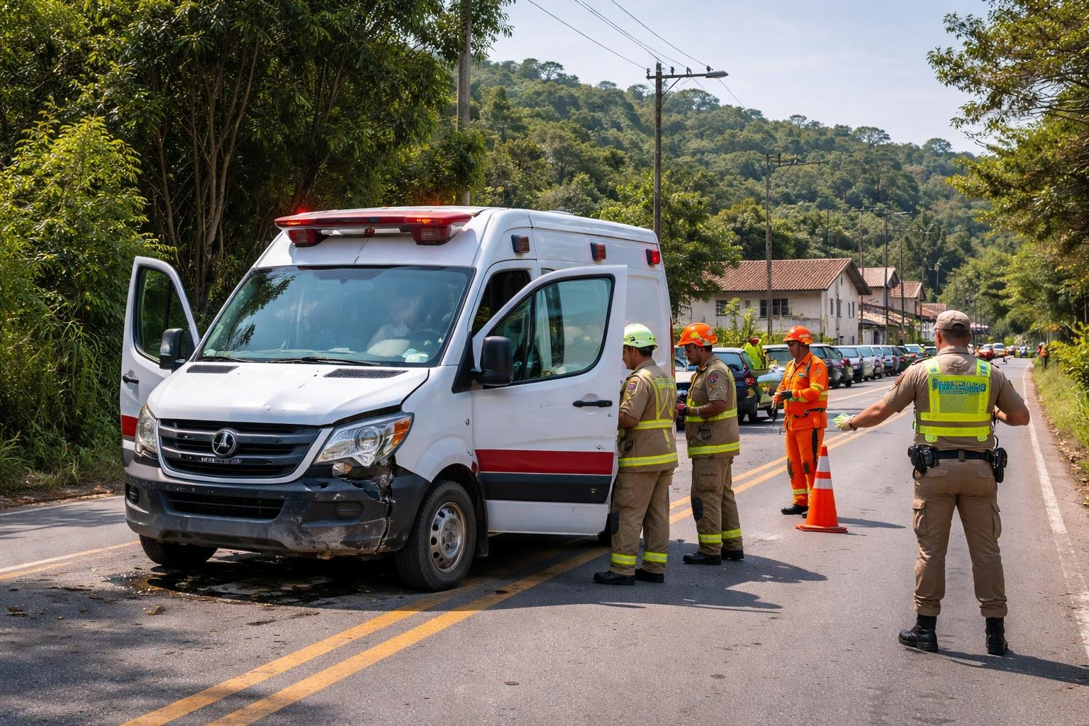 Ambulância danificada parada em estrada com socorristas ao redor e casas ao fundo em Paulo Frontin.