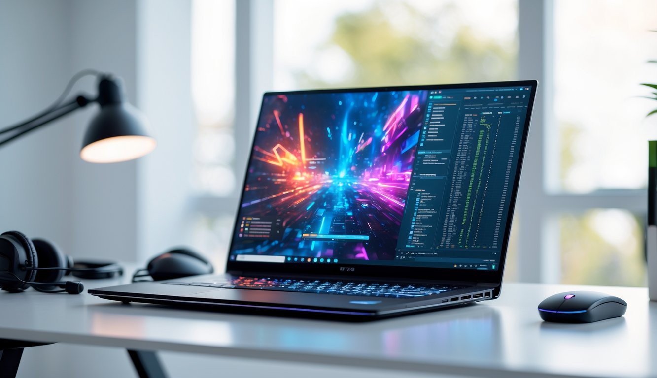 Laptop modern di atas meja dengan layar menampilkan grafik game dan aplikasi produktivitas, di ruang kerja dengan pencahayaan alami.