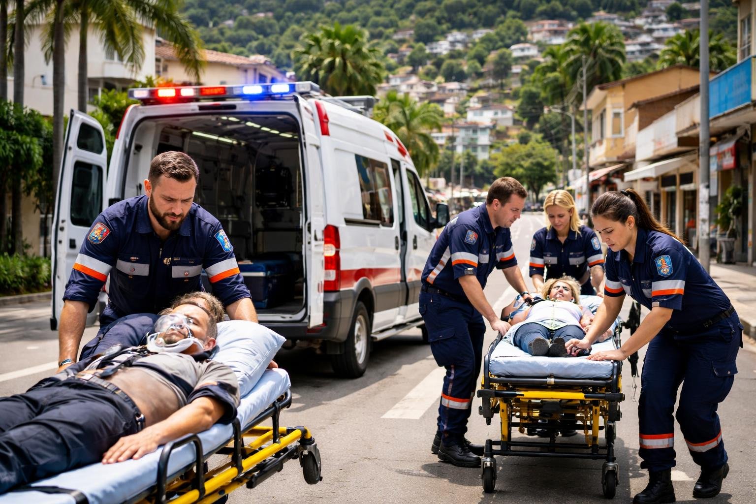 Equipe de ambulância atendendo vítimas na rua em Paulo Frontin.