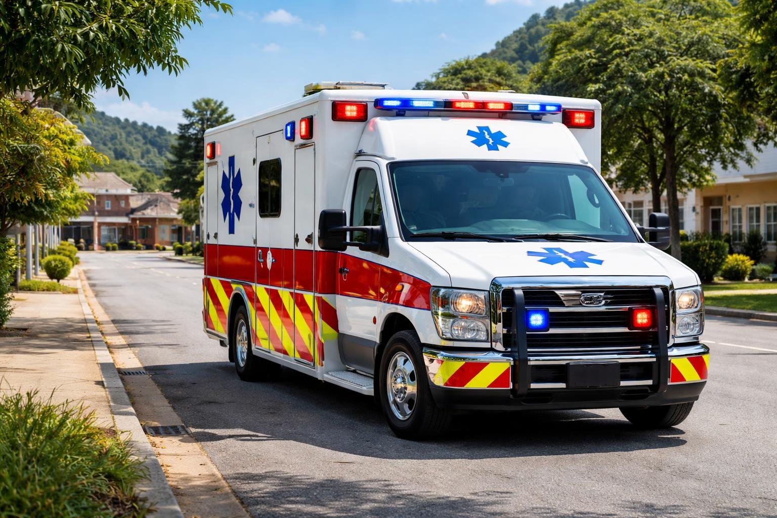 Ambulância em Paula Freitas: Serviços de Emergência Médica e Atendimento Rápido na Região Ambulância moderna estacionada em uma rua limpa de Paula Freitas durante o dia, com céu azul e vegetação ao redor.