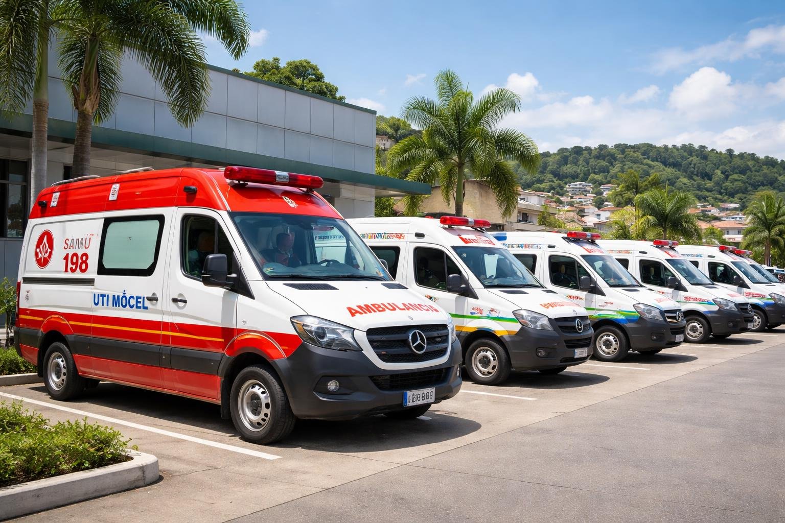 Ambulância em Paula Freitas: Serviços de Emergência Médica e Atendimento Rápido na Região Vários tipos de ambulâncias estacionadas ao ar livre em Paula Freitas, com céu claro ao fundo.