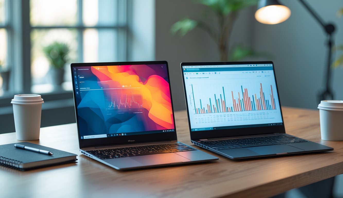 Dua laptop berdampingan di atas meja kerja dengan perlengkapan kantor di sekitar, menunjukkan perbandingan antara model tahun ini dan tahun sebelumnya.