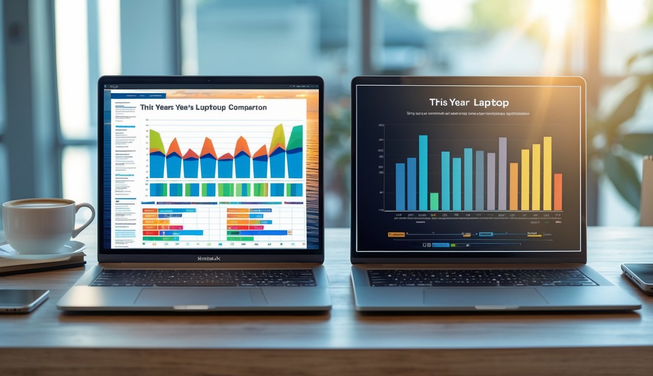 Dua laptop berdampingan di atas meja kerja dengan grafik perbandingan spesifikasi laptop tahun ini dan tahun sebelumnya.