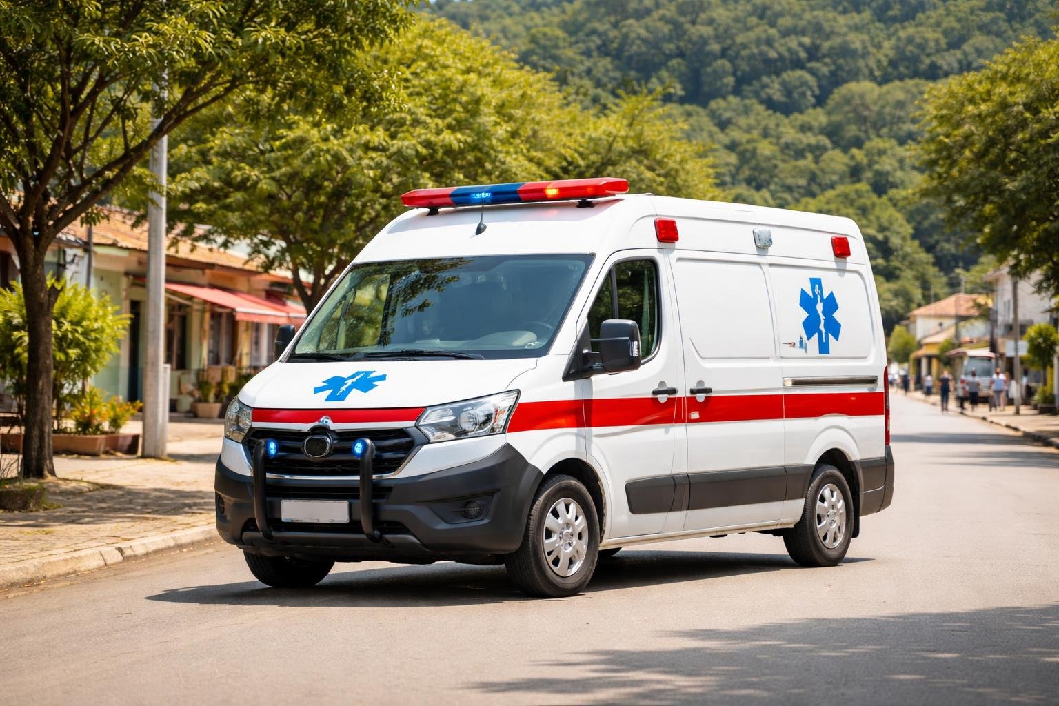 Ambulância branca com sinais de emergência estacionada em uma rua de Bituruna com árvores e construções ao fundo durante o dia.