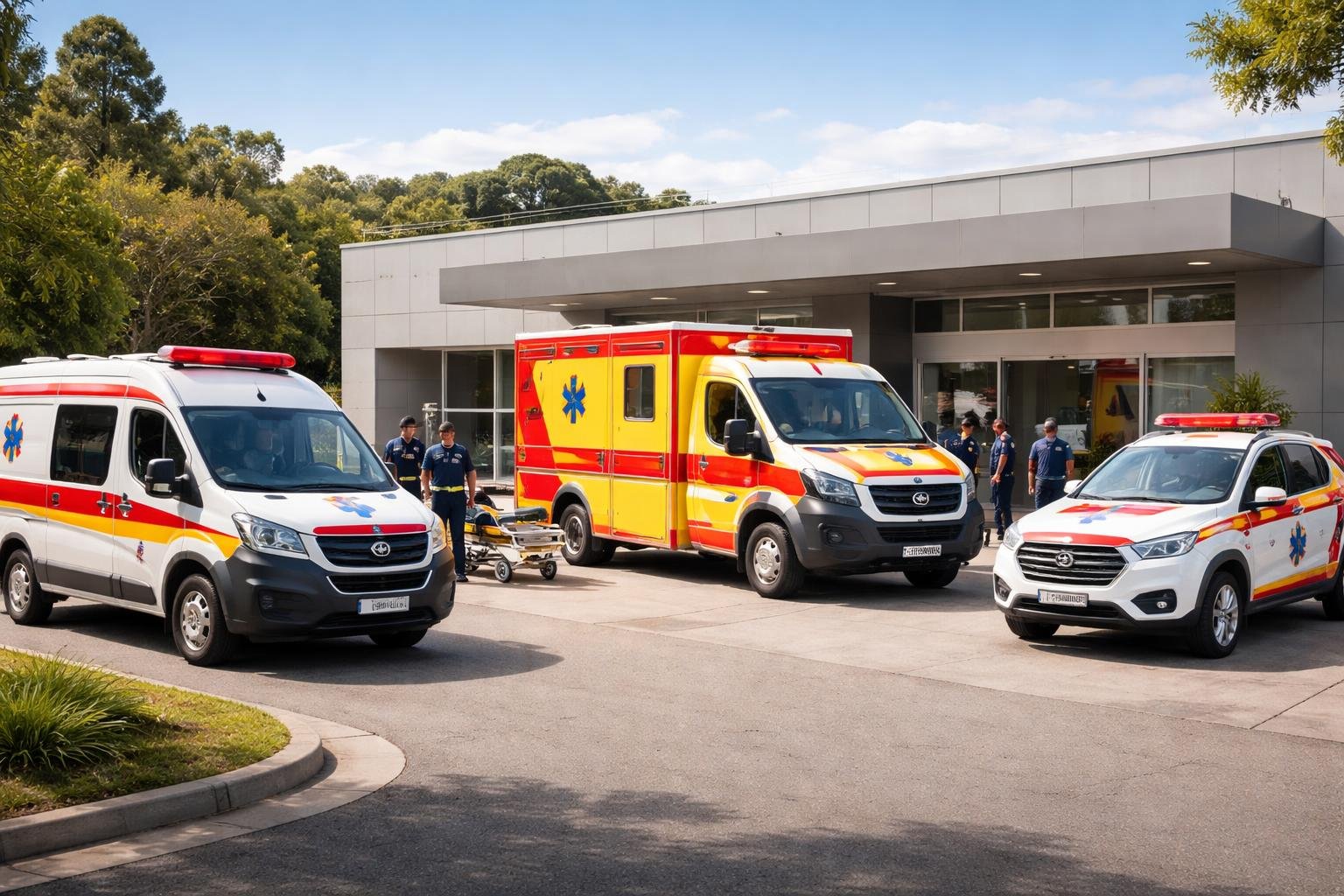 Vários tipos de ambulâncias estacionadas fora de uma unidade médica em Bituruna, com paramédicos próximos e ambiente organizado.