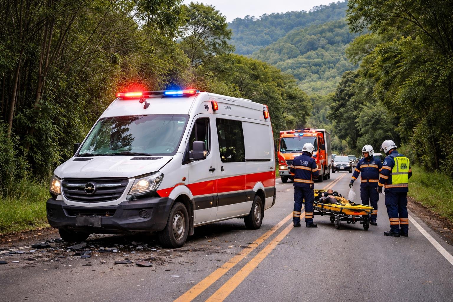 Cena de um acidente envolvendo uma ambulância em uma estrada cercada por árvores, com socorristas atendendo a situação.