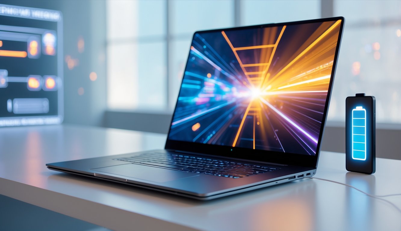 Laptop modern dengan desain futuristik di atas meja kerja bersih, menunjukkan teknologi prosesor cepat dan baterai tahan lama.