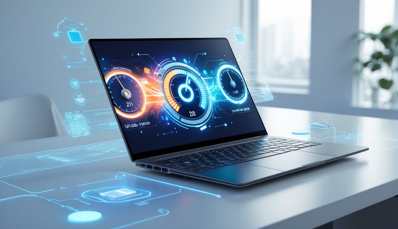 Sebuah laptop modern dengan desain futuristik di atas meja kerja minimalis, menampilkan elemen teknologi canggih yang melambangkan prosesor cepat dan baterai tahan lama.