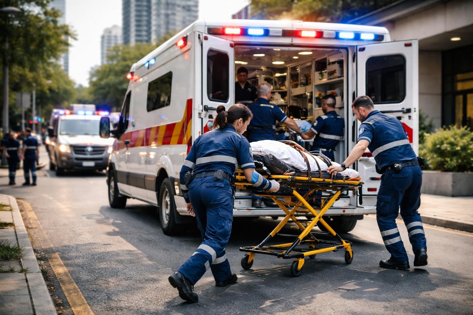 Ambulância General Carneiro com profissionais de emergência trabalhando ao redor em uma área urbana.