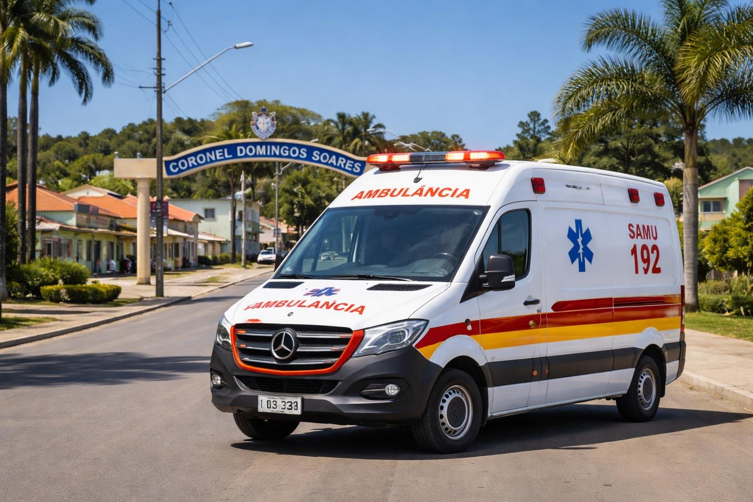 Ambulância em Coronel Domingos Soares: Serviços de Emergência Médica e Remoção na Região Ambulância branca com marcações vermelhas e amarelas estacionada em uma rua limpa de uma pequena cidade brasileira com arquitetura local e árvores ao redor.