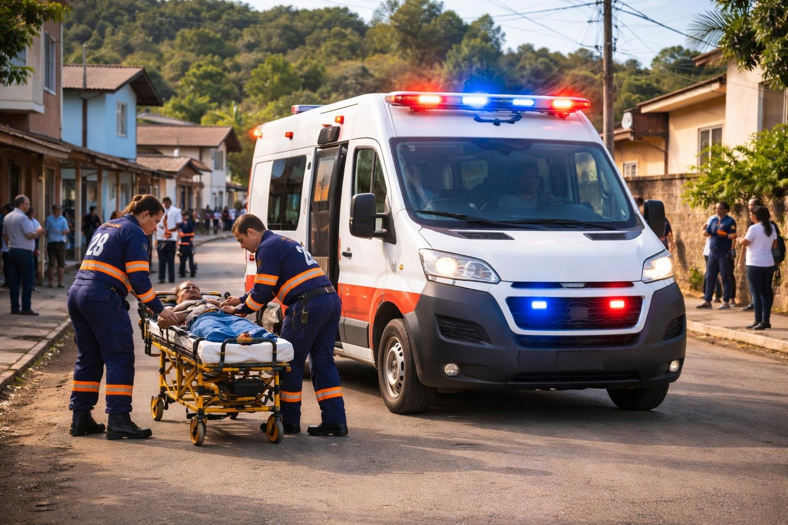 Ambulância em Coronel Domingos Soares: Serviços de Emergência Médica e Remoção na Região Ambulância com luzes piscando em uma rua de Coronel Domingos Soares, com socorristas atendendo um paciente em uma maca.