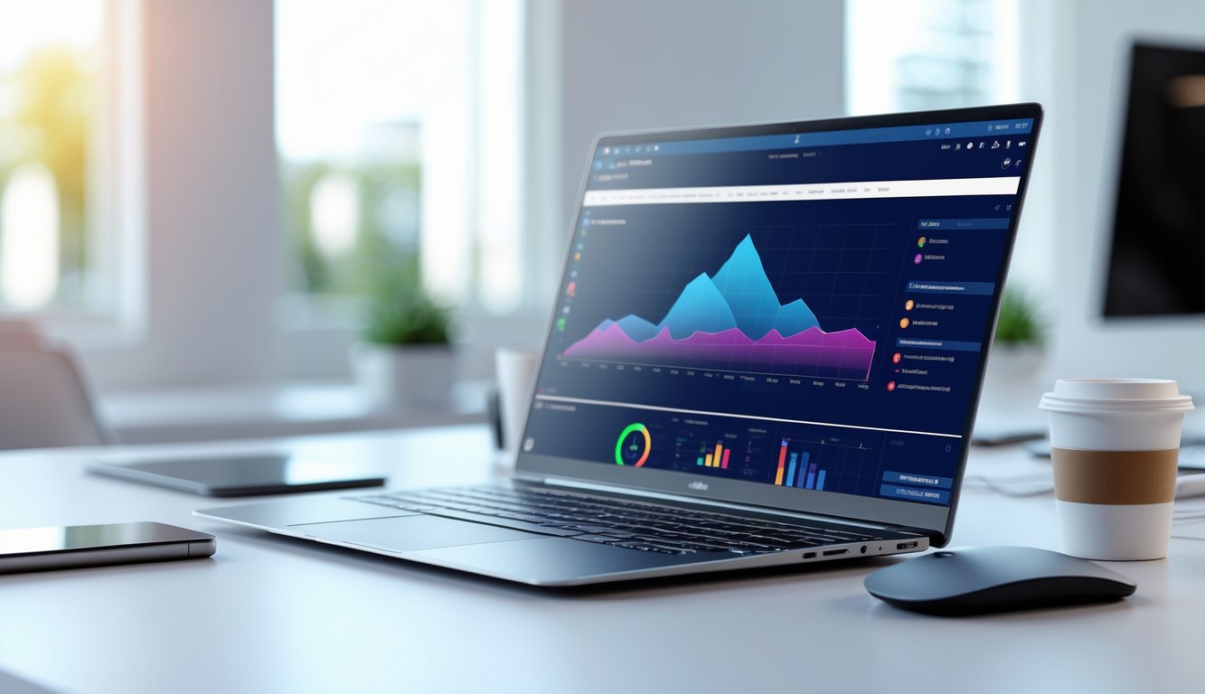 Laptop tipis dan ringan terbuka di atas meja kerja dengan latar belakang kantor yang terang.