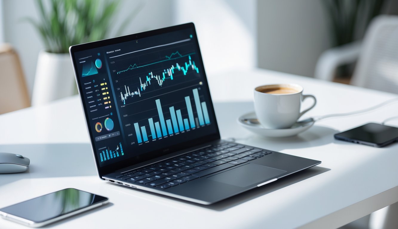 Sebuah laptop tipis dan ringan dengan desain modern diletakkan di meja kerja yang rapi dengan perangkat teknologi lain di sekitarnya.