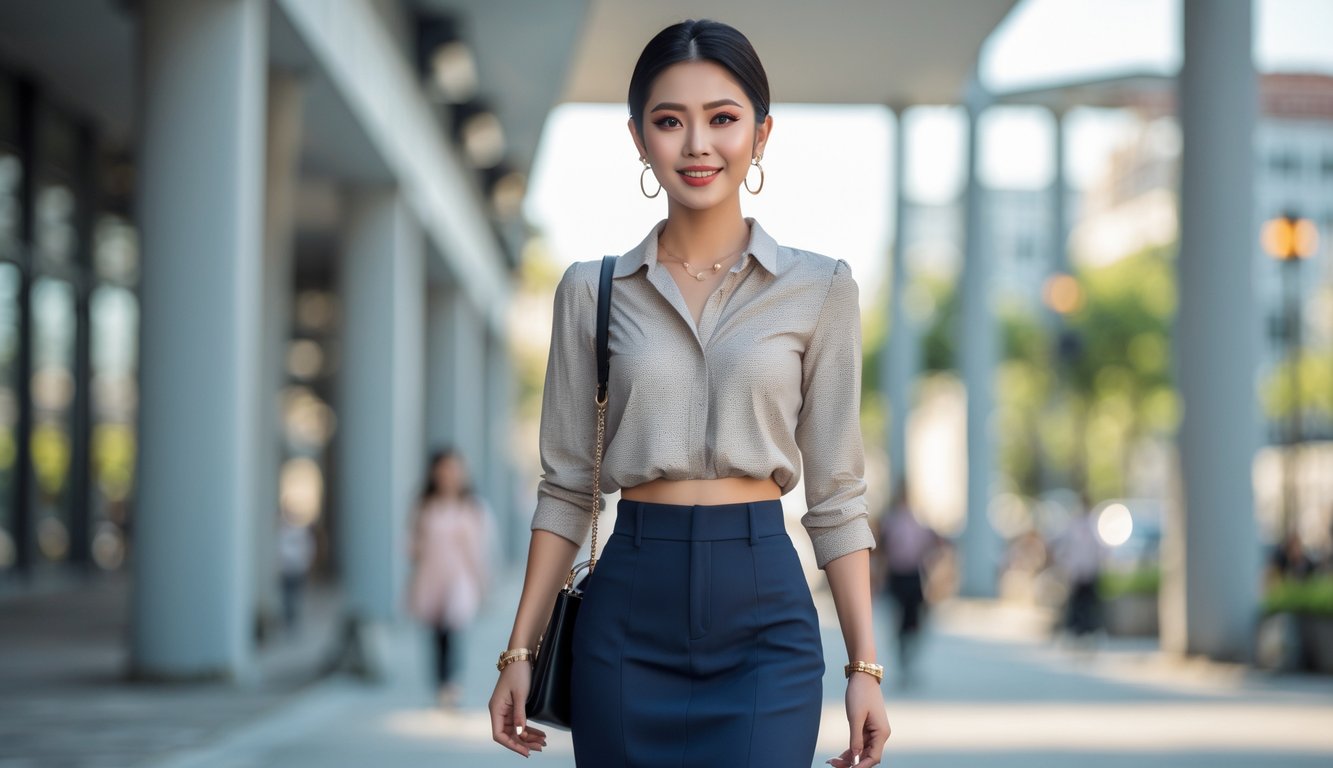 Seorang perempuan muda berdiri di luar ruangan dengan pakaian modis dan latar belakang kota.