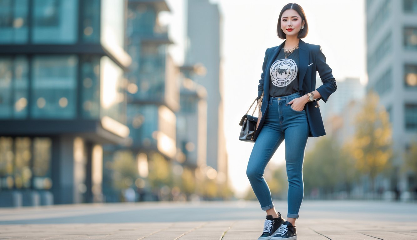 Seorang perempuan muda berdiri di area perkotaan mengenakan pakaian modis dan kasual, dengan latar belakang gedung-gedung kota.