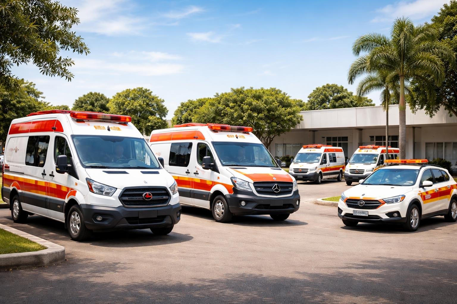 Ambulância em Clevelândia: Serviços de Emergência Médica e Transporte de Pacientes na Região Vários tipos de ambulâncias estacionadas ao ar livre em Clevelândia, com céu claro e ambiente organizado.