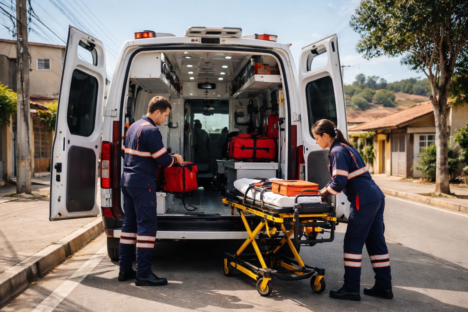 Ambulância em Clevelândia: Serviços de Emergência Médica e Transporte de Pacientes na Região Ambulância estacionada em uma rua de Clevelândia com paramédicos preparando equipamentos médicos ao ar livre.