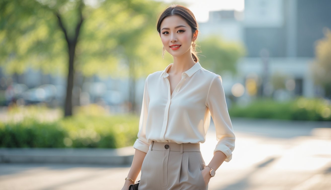 Seorang perempuan berdiri di luar ruangan dengan pakaian sederhana dan elegan untuk aktivitas sehari-hari.