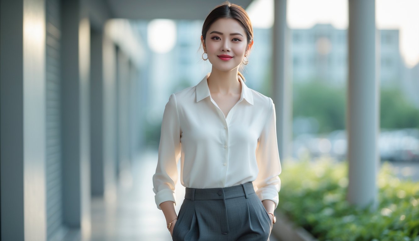 Seorang perempuan mengenakan pakaian sederhana dan elegan berdiri di latar perkotaan pada siang hari.