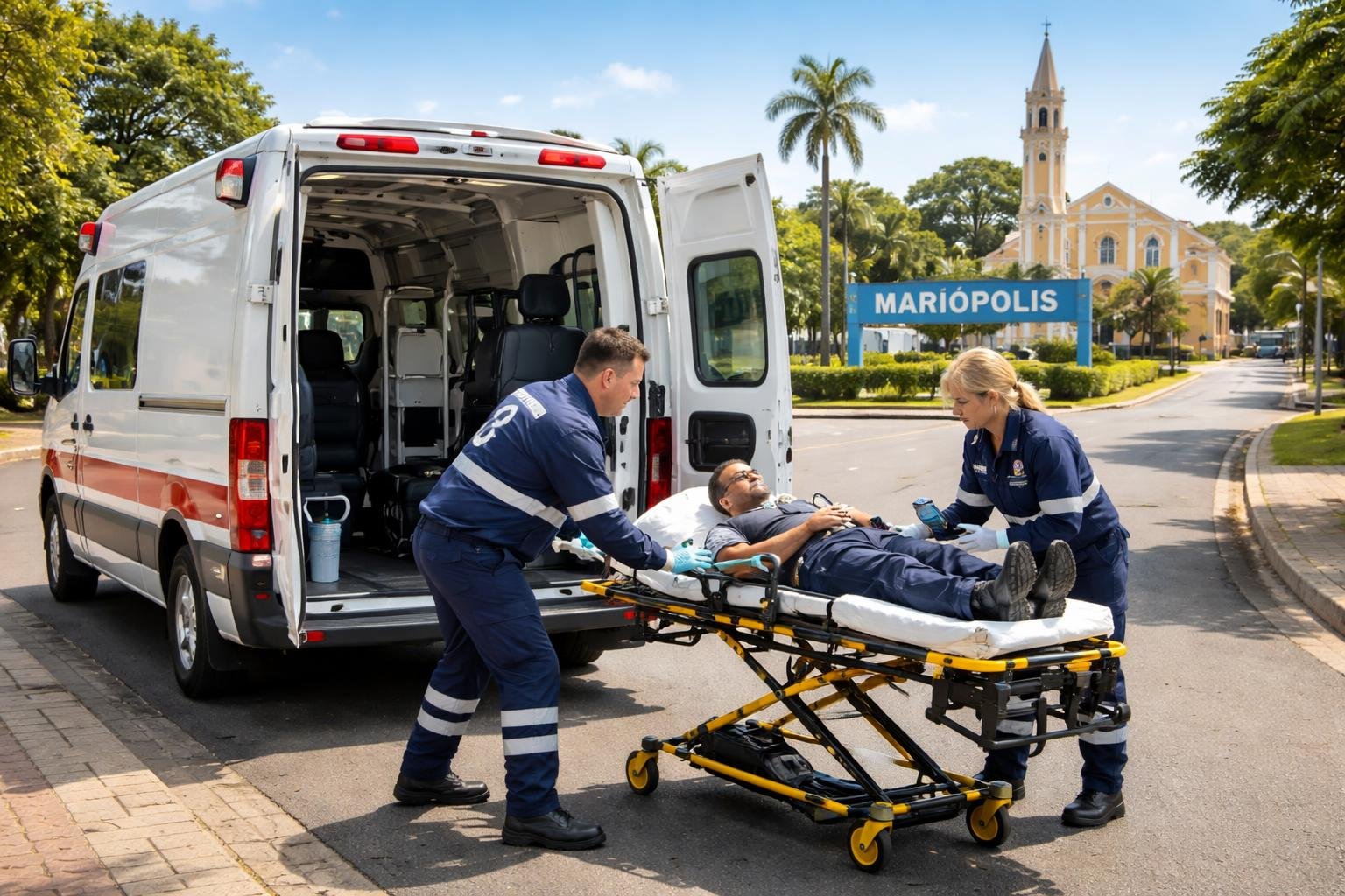 Uma ambulância moderna estacionada na rua de Mariópolis com paramédicos atendendo um paciente em uma maca.
